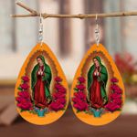 Rose Flower Virgin Mary Print‎ Teardrop Dangle Earrings Faux Leather Orange Photo 2