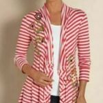 Soft Surroundings  Pink/white striped embroidered knit open cardigan Photo 1