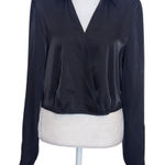 Rachel Zoe  Black Satin Wrap-Style Long Sleeve Crop Top Size Medium Photo 0