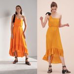 Maje Rasti One-Shoulder Satin Midi Dress in Yellow Photo 11