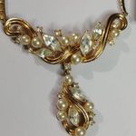 Trifari Vintage Necklace Pat Pend Gold Tone Faux Pearl Rhinestone Pendant Photo 7