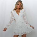 Hello Molly White Floral Embroidered Sheer Long Sleeve Ruffle Mini Dress Sz S Photo 0