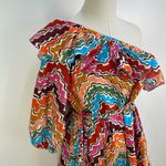 RHODE Ozzie Cotton Printed One Shoulder Dress In Ric Rac Rainbow White Size XL Photo 1
