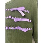 Modcloth  Olive Green Knit Puff Short Sleeve Sweater Light Purple Ribbon- Medium Photo 3