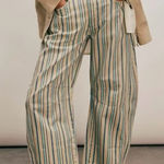 Free People We The Free  Good Luck Mid-Rise Barrel Jeans Tan Teal Gray Stripe 27 Photo 0