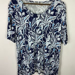 LOGO By Lori Goldstein LOGO Lori Goldstein Top L Blue White Botanical Print Resort Artsy Boho Pockets Photo 0