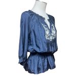 Eduardo Blanco 100% Silk Peasant Top Blue White Floral Embroidery XS Photo 4