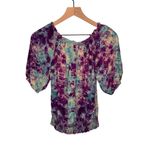 Karen Kane  100% Silk Watercolor Tie Dye Print Blouse Crystal Flower Button Front Photo 1