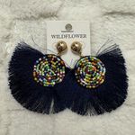 Bohemian Multicolor Beaded Tassel Earrings, Statement Fringe, Navy Blue Fan Photo 0