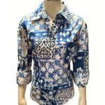 Coldwater Creek  Womens L Blue White Floral Button Up Shirt Cotton Spandex Blend Photo 0