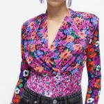 ZARA Floral Wrap Long Sleeve Shoulder Pad Top Photo 0
