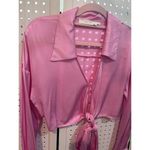 ASTR The Label Pink Satin Long Sleeve Cropped Tie Collared Shirt Size S Wrap Photo 3