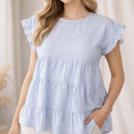 Andree by Unit Blue White Pinstripe Tiered Babydoll Top Size M (1122) Photo 0