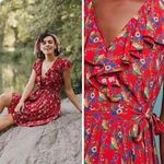 Anthropologie  Maeve Red Floral Dress ruffle wrap sz 10 M Photo 1
