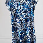 Lucky Brand Floral Leaf Print Cotton Dress Size M Knee Length Short Sleeve Blue Photo 0