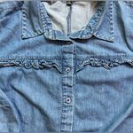 Eloquii  Blue Chambray Denim Ruffle Chest Long Sleeve Button Down Photo 5