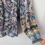 Current Air Floral Paisley Border Print Ruffle Trim Satin Peasant Blouse Blue M Photo 2