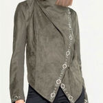 Driftwood  Olive Green Faux Suede Moto Asymmetrical Zip Embroidered Jacket Photo 0