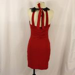 Emerald Sundae Retro Pinup Style Body Con Sexy Red Dress with Halter and Lace Detailing Photo 5