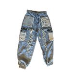 POL  Distressed Lace Patch Denim Jogger Pants Women's Size Med Drawstring Waist‎ Photo 1