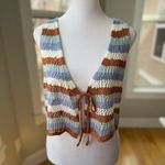 Ultra Flirt  Brown White Blue Striped Crochet Cropped Tie Front Sleeveless Top XL Photo 6