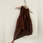 Cynthia Rowley  Linen Blend Ruffle Front High Neck Top in Brown Size M Photo 1