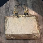 Tory Burch Tote Bag Cable Knit METALLIC GOLD TRIM Wool Silk Lining Horse READ! Photo 2