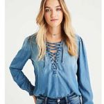 American Eagle  Woman’s Chambrey Lace Up Top Small Boho Preppy Photo 0