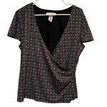 Sag Harbor Faux Wrap Blouse Surplice Neck Black Pink Floral L Photo 0