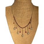 Gold Tone Necklace Red Seed Beads Dangling Floral Charms Choker Collar Boho 15" Photo 1