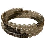 Vintage Bracelet Gold Tone White Faux Pearl Beads Wrap Cuff Photo 2