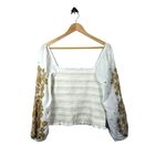 Anthropologie  Women’s Smocked Embroidered Puff Sleeve Square Neck White/Gold L Photo 3