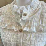 White Frilled Ruffled Button Up Blouse Feminine Romantic Victorian Gold Photo 2