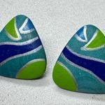 Vintage Blue Green Painted Wood Triangle Earrings Womens 1980s Funky Artsy Photo 0