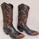 Tony Lama Vintage Cowboy Western Boots Cognac Brown & Black Leather Inlay Size 7 Photo 0
