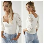Free People Brunch Date Knit V-Neck 3/4 Puffed Lace Sleeve Top New XS Photo 1