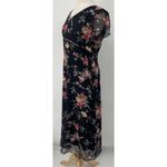 Vintage 90s Floral Print Midi Dress Crepe Empire Tie Waist V Neck Black Pink M Size M Photo 6