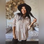 Umgee  Striped Henley Oversized Laser Cut Slouchy Long Sleeve Top Size L Photo 13