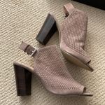 Tahari NEW  Taupe Grey Margaret Perforated Suede Block Heel Sandals Shoes 8 NIB Photo 2