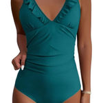 Cupshe  Teal‎ Ruffle V Neck Back Lace Up One Piece Swimsuit Women's XXL Photo 0