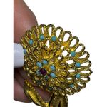 Vintage Gold Tone Flower Brooch Turquoise & Pink Rhinestone Floral Pin Photo 2