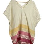 Tribe Alive Handmade Cotton Stripe Fringe Kaftan Poncho in Ivory/Pink OS Photo 3