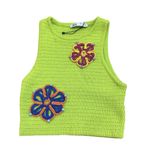 ZARA Chunky Knit Crop Top With Beaded Flowers Size Large Vibrant Colorful Hippie Photo 1
