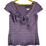 Tadashi Shoji Iridescent Satin Pleated Blouse 10 Purple Flower Cap Sleeve Whimsi Photo 0