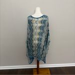 Sigrid Olsen  Poncho Crocheted Open Knit Chevron Wool Art To Wear Blue Green Grey Photo 6