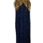 Laurence Kazar Vtg Halter Beaded embellished silk formal gown dress blue gold L Photo 0