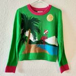 Poof! Poof New York Merry Christmas Flamingo Beach Green Pink Knit Sequin Sweater M Photo 0