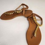 Stuart Weitzman Stuart Weiztman Brown Leather Gold Rose Appliqué Thong Sandals Flats Size 36 Photo 2