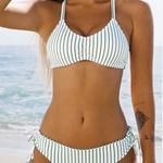 Cupshe  Striped Green White Bikini Set Criss Cross Tie‎ String Swimsuit Summer S Photo 0