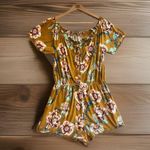 Xhilaration Xhileration FLORAL ROMPER Size Small Mustard Yellow LACE UP FRONT Short Sleeve Photo 0